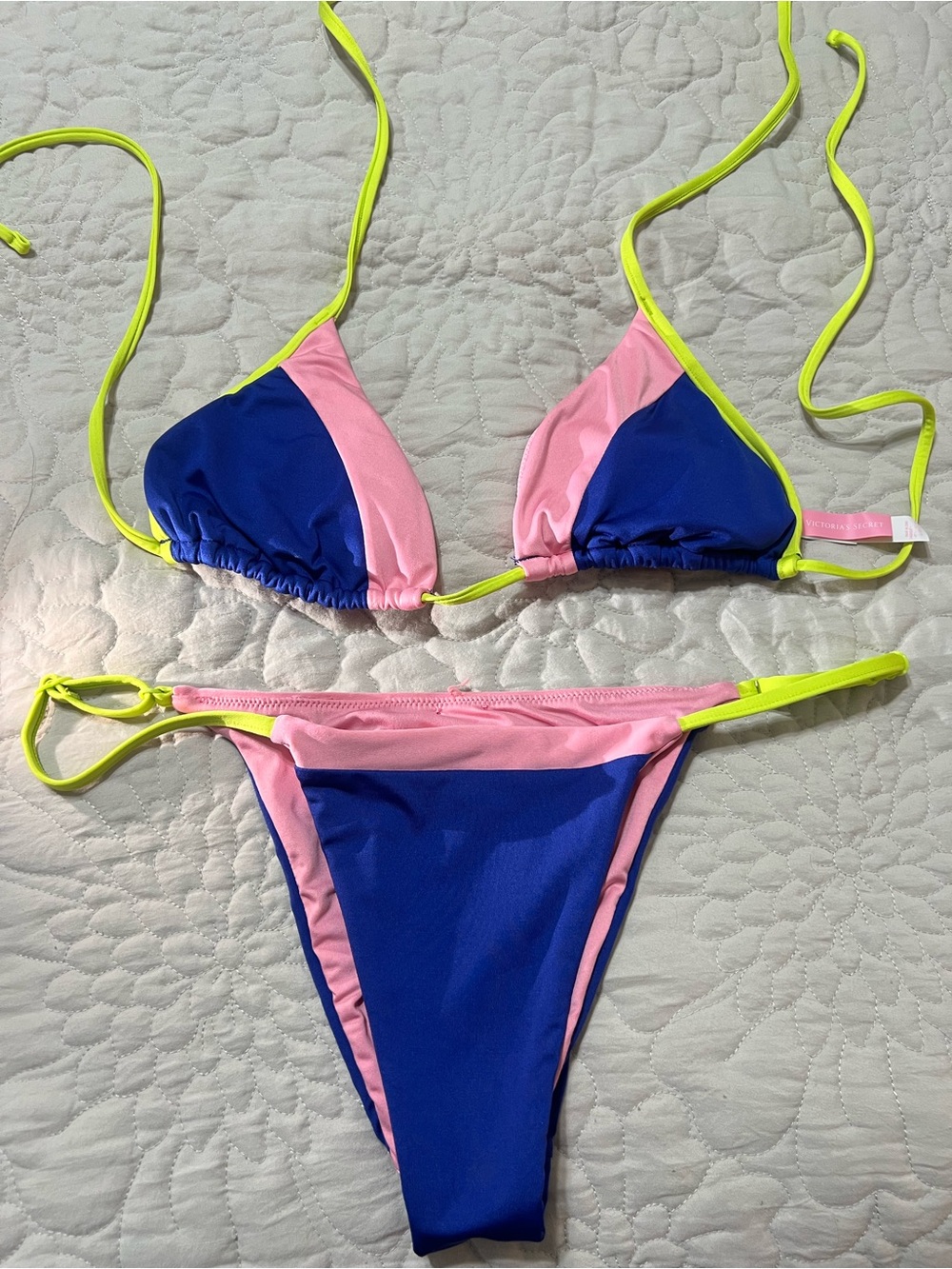 Victoria's Secret Royal Blue Triangle Bikini set with Neon Yellow Trim